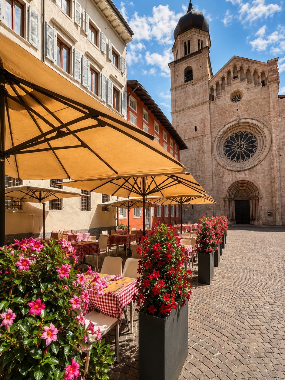 Il dehors di giorno, con i fiori, gli ombrelloni e il campanile del Duomo