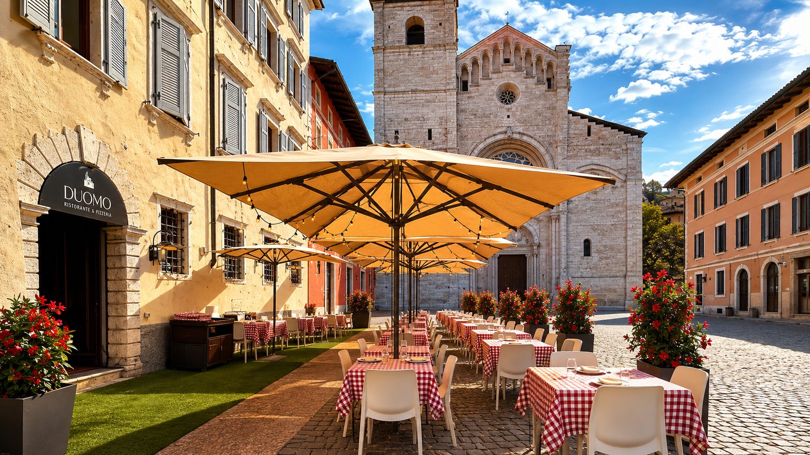 Il dehors del Ristorante Al Duomo di giorno, con l'insegna e la Cattedrale sullo sfondo