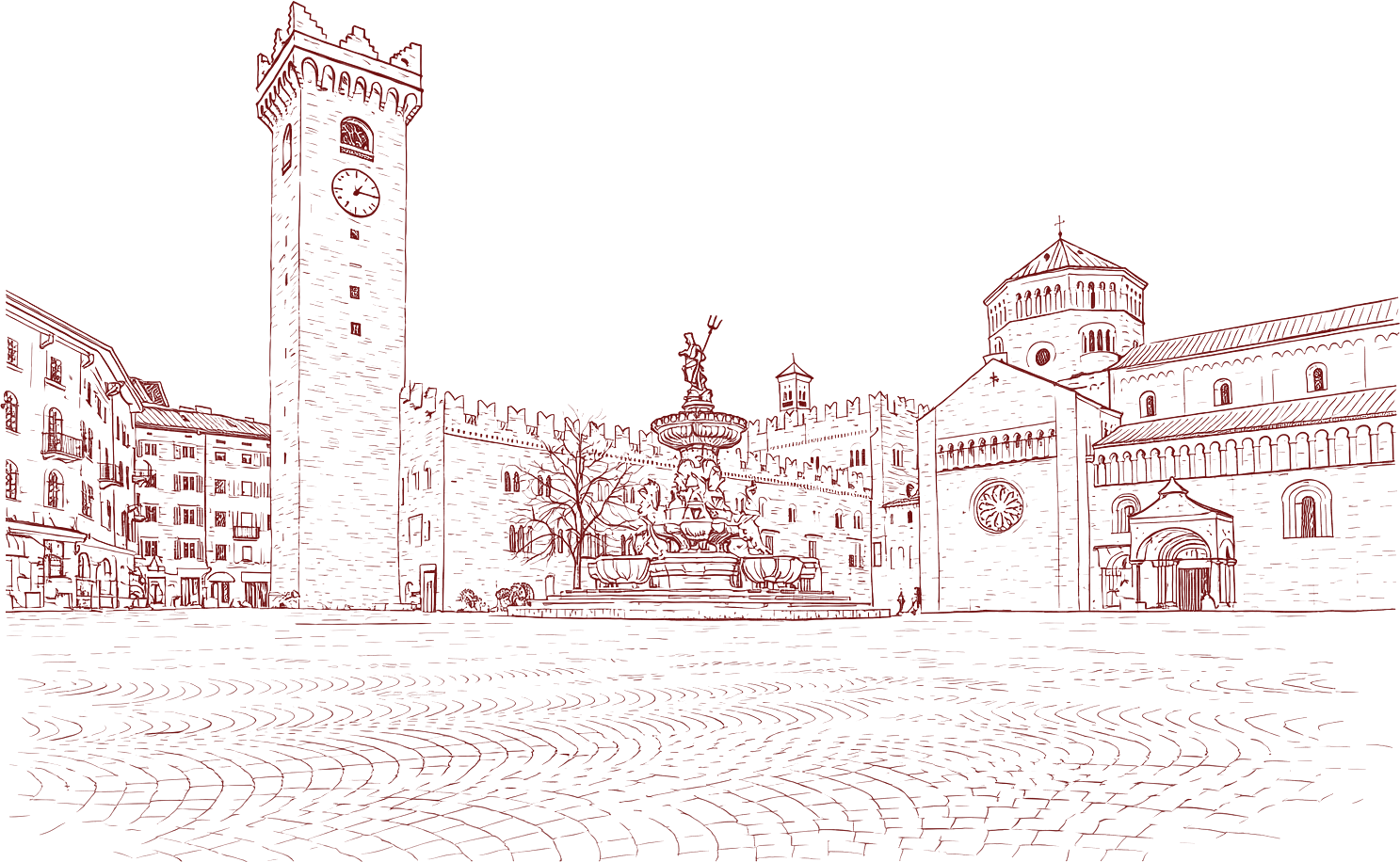 Piazza Duomo a Trento disegnata a tratto: la Torre Civica, la fontana del Nettuno e la Cattedrale